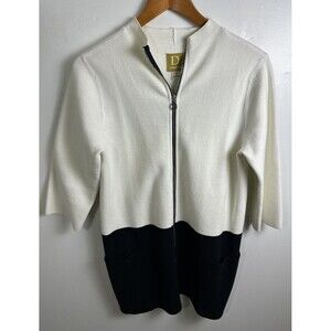 Damask Black/Cream Double Zipper Long Cardigan Front Pockets Size Medium M